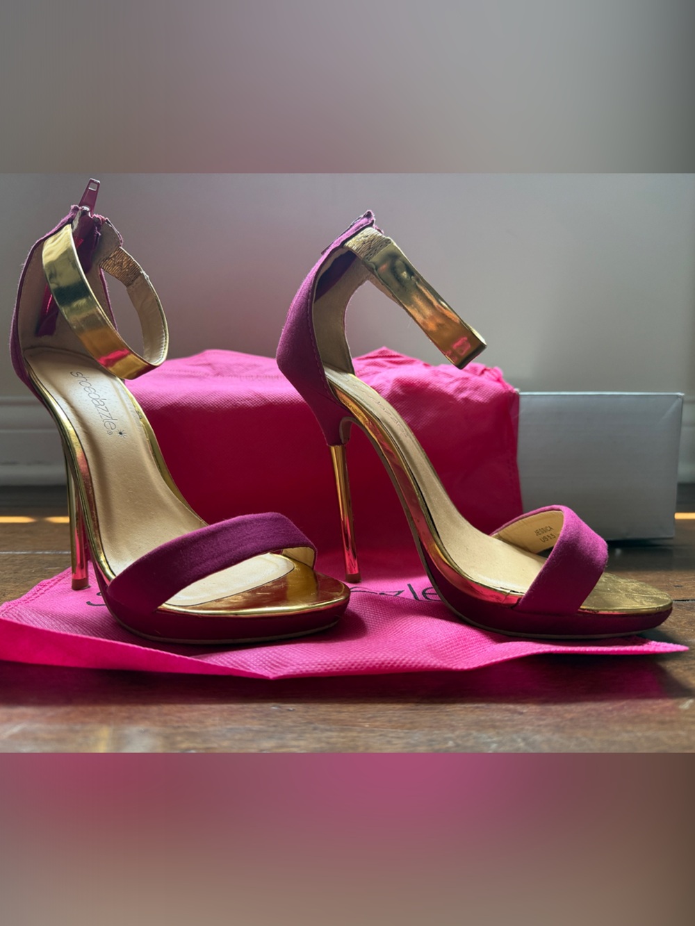 Shoe Dazzle Hot Pink and Gold Ankle-Strap Stiletto Sandals